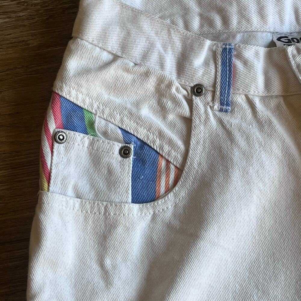 Vtg GoodFellows Clothing Co High Rise Half Striped Jean Shorts 7/8 Button Fly - Picture 3 of 10
